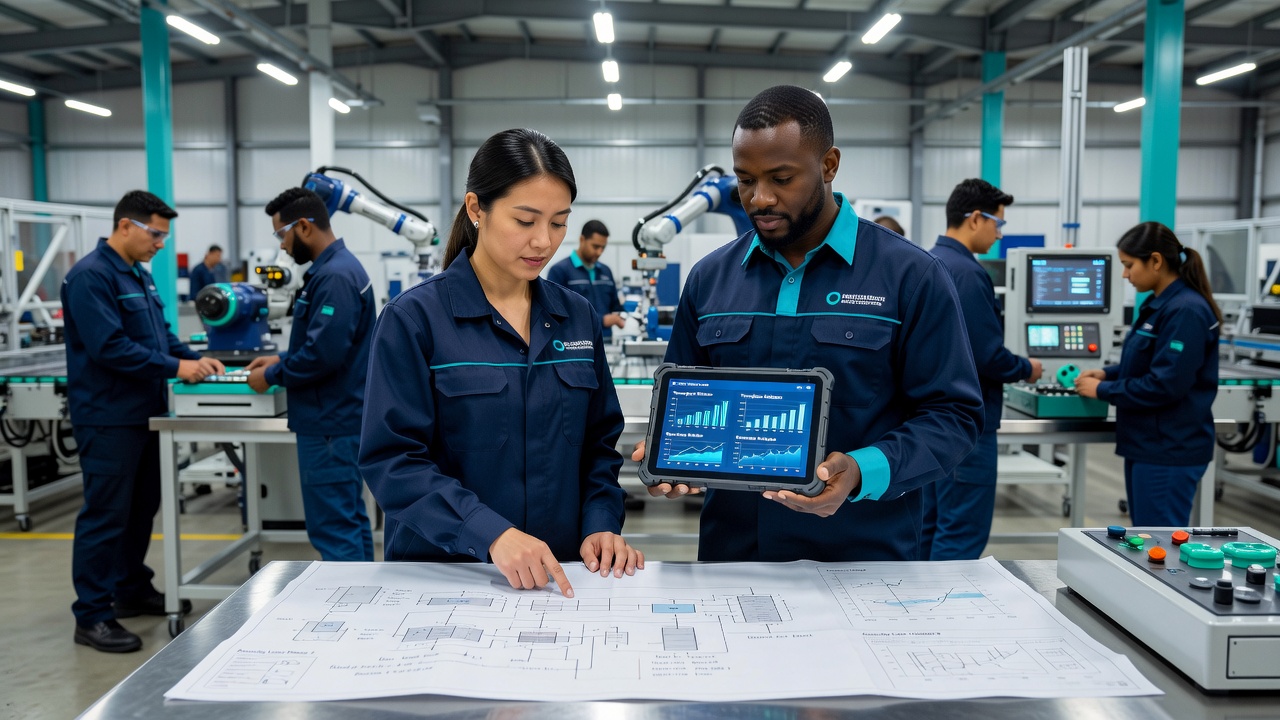 Manufacturing team reviewing workflow