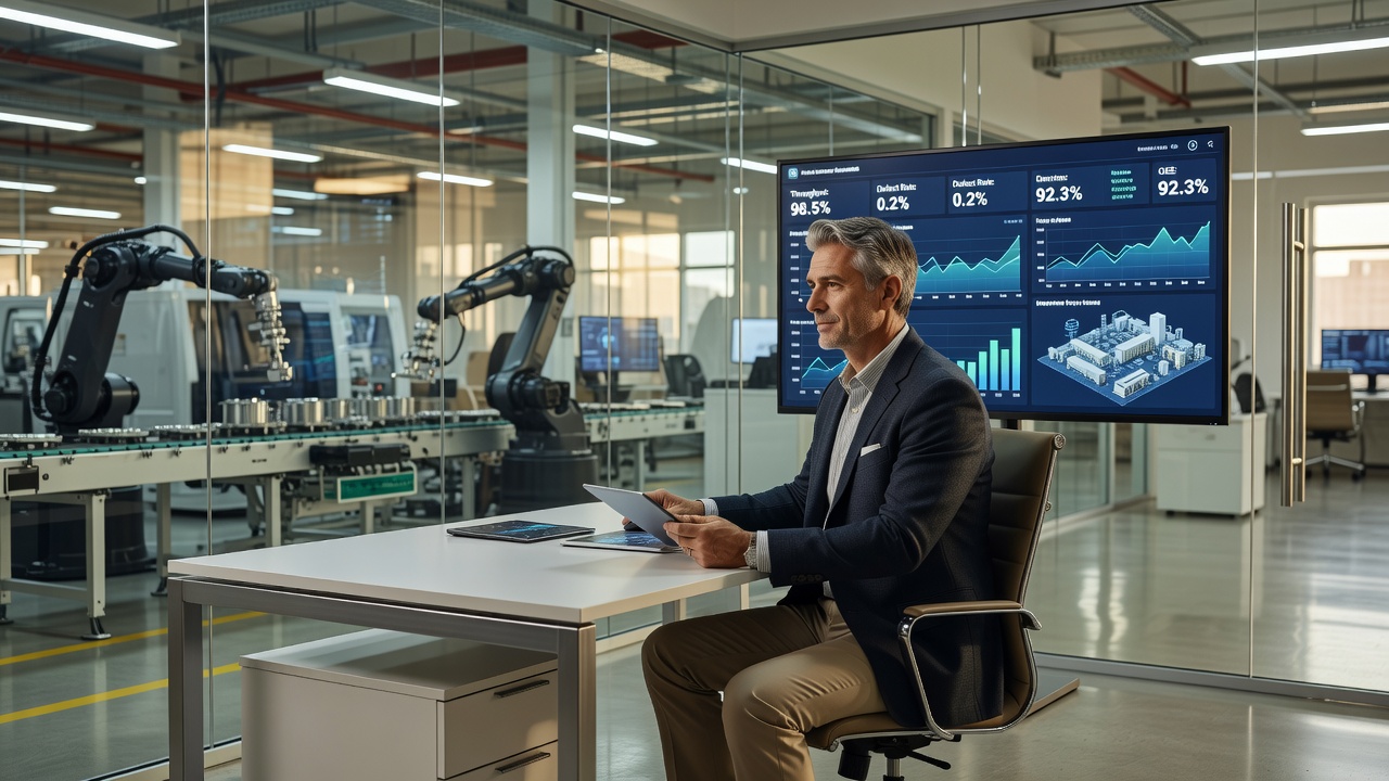 Operations leader reviewing a manufacturing dashboard